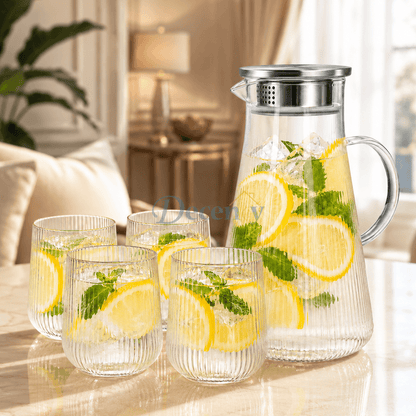 Danny Home 5-Pcs Fluted Glass Water Pitcher & Tumbler Set (1.79L)