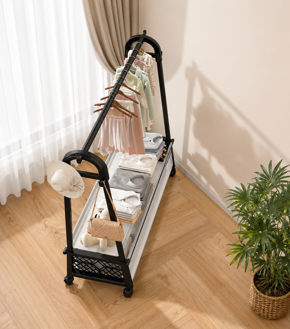 Movable Standing Clothes Rack with Wheels & Storage | Heavy Duty