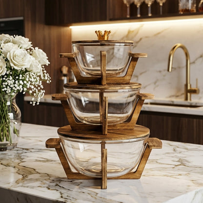 Luxury Glass Serving Bowl Set with Wooden Stand & Lids