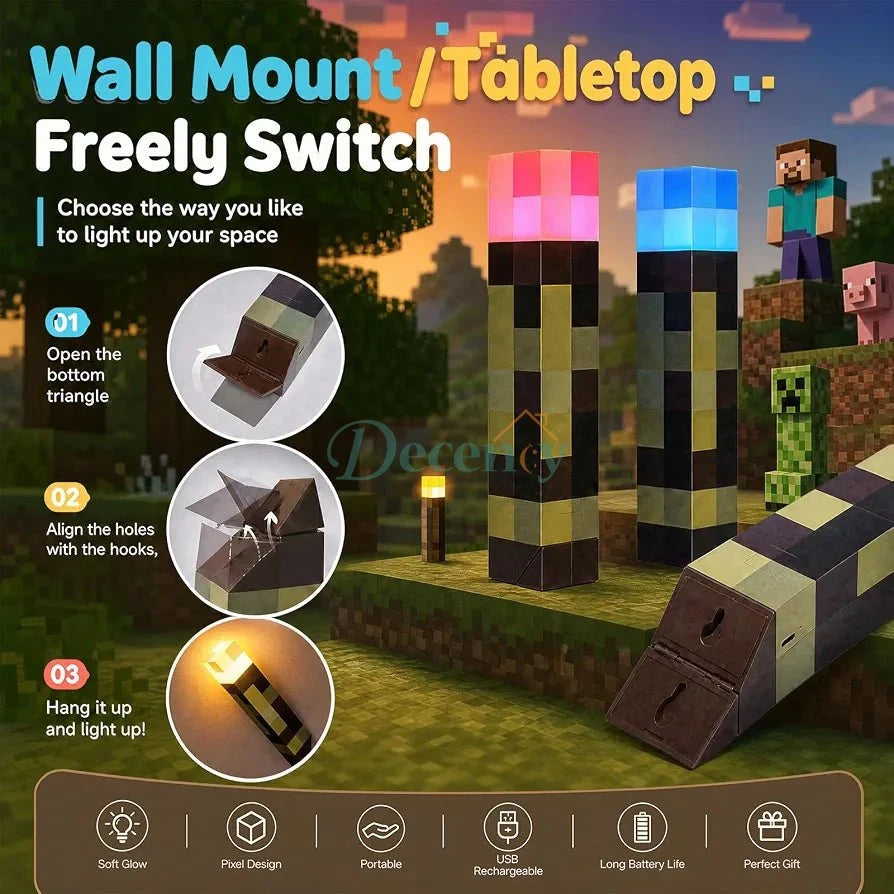 3D Minecraft Torch RGB Night Lamp - Block Light Design