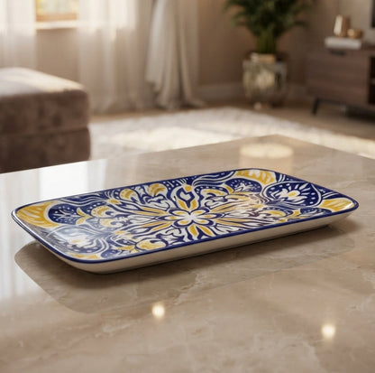 Blue & Yellow Ceramic Serving Tray - Moroccan Design