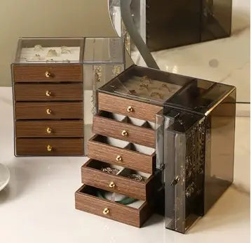 Luxury Wooden Jewelry Organizer Box with Glass Cabinet & Drawers