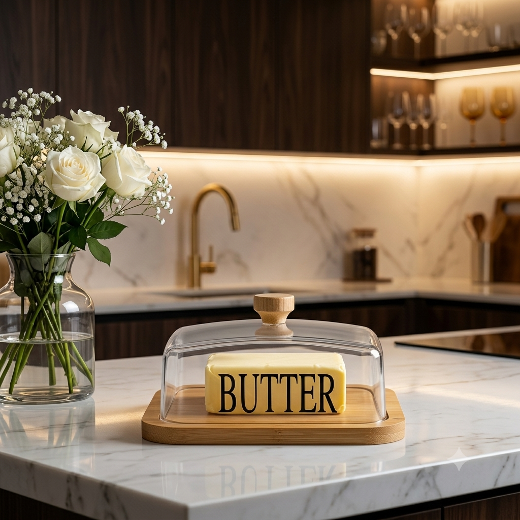 Clear Glass Butter Dish with Bamboo Tray & Acrylic Cover