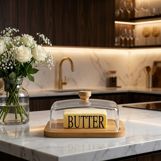 Clear Glass Butter Dish with Bamboo Tray & Acrylic Cover