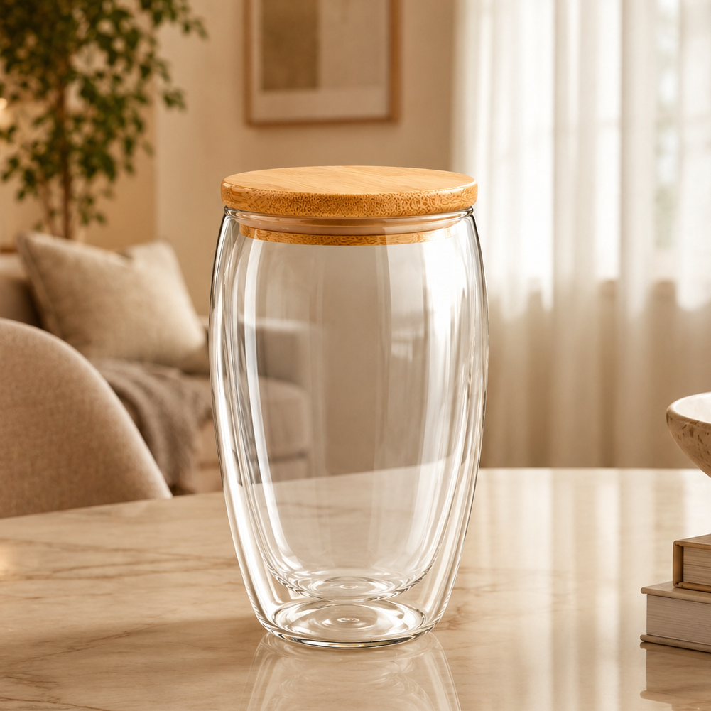 450ml Ribbed Double Wall Glass Jar with Bamboo Lid