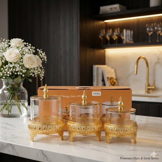 Luxury 3 Pcs Glass Spice Jars Set with Gold Metal Stand