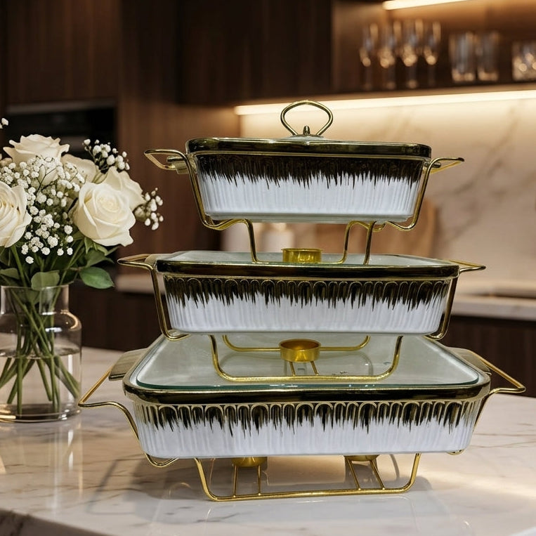Luxury Ceramic Buffet Chafing Dish Set with Gold Stand (3 Piece)