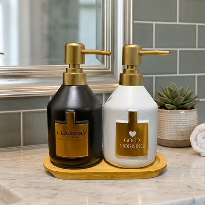Modern Design Soap Dispenser Set with Wooden Base (2 Pack)