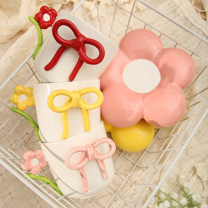 Cute Flower Saucer Ceramic Coffee Mug with Bow & Floral Handle (1 Pc)