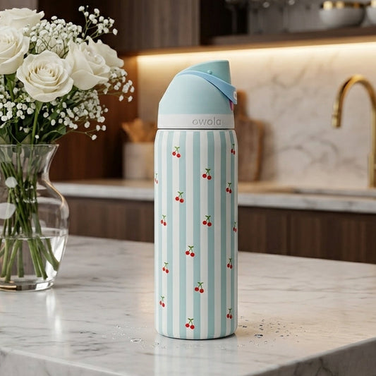 Owala FreeSip 32 oz Insulated Water Bottle – Cherry Striped Design