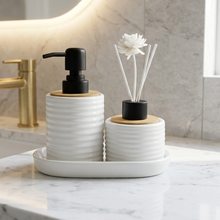 Luxury Ceramic Bathroom Dispenser & Diffuser Set with Tray - 3 Piece