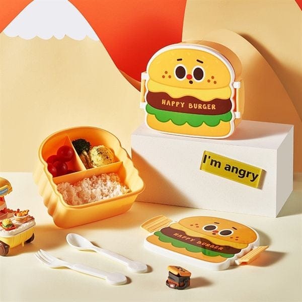 Cute Burger Shape Kids Lunch Box with Spoon & Fork