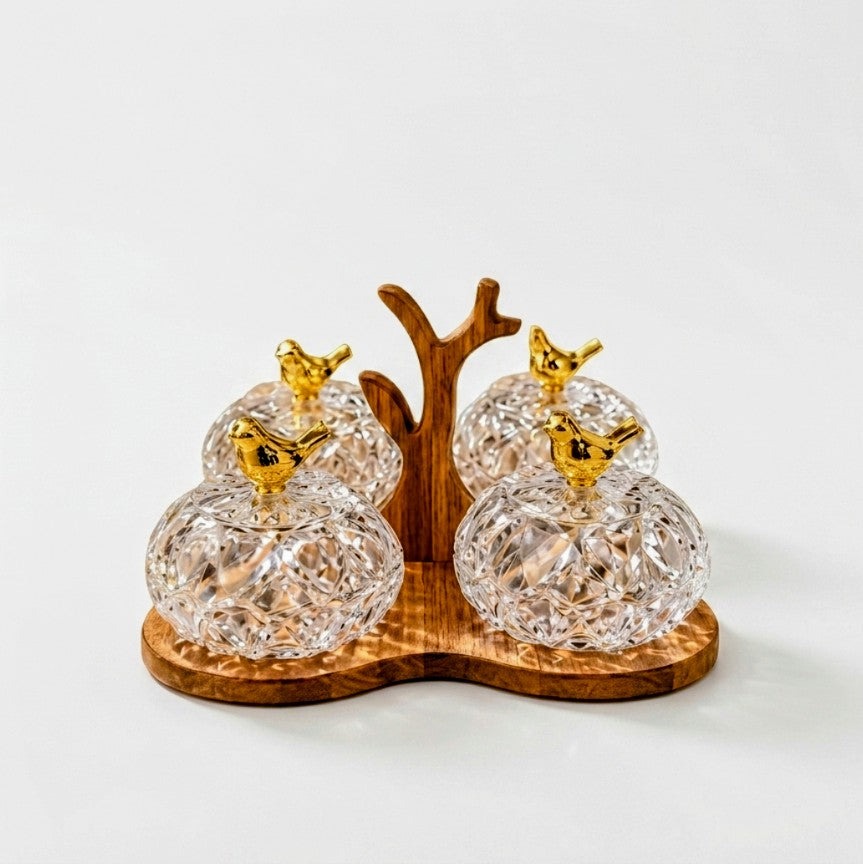 Luxury Crystal Spice Jars Set with Wooden Stand & Bird Lids