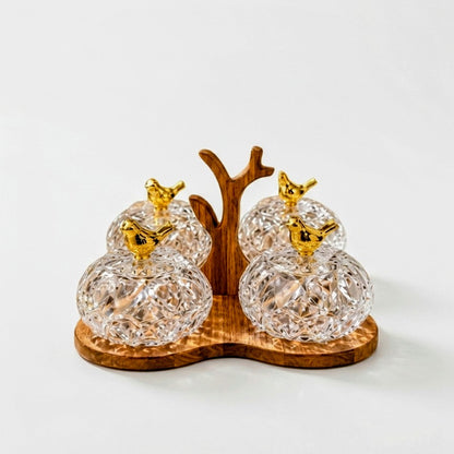 Luxury Crystal Spice Jars Set with Wooden Stand & Bird Lids