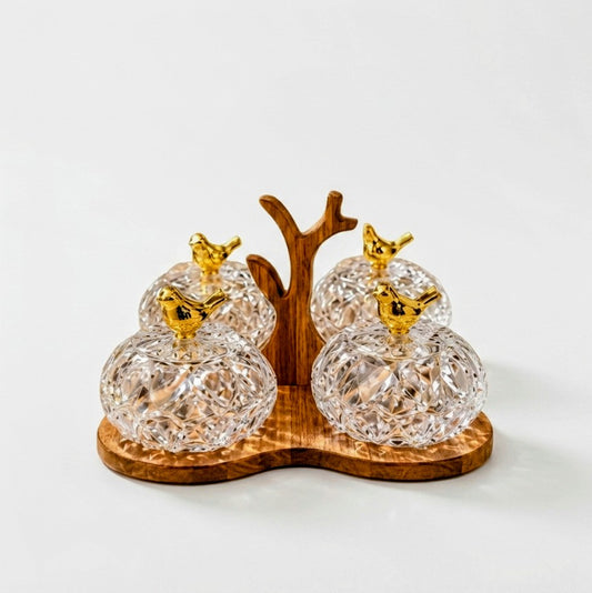 Luxury Crystal Spice Jars Set with Wooden Stand & Bird Lids