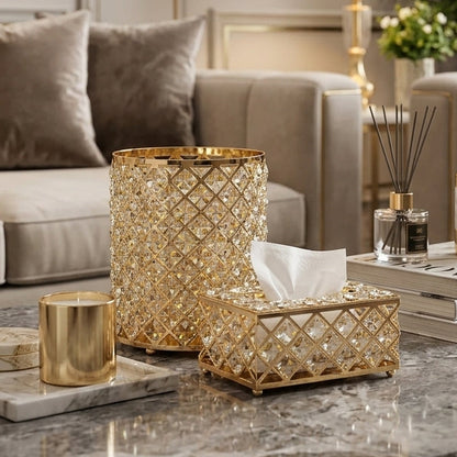 Luxury 2 Pcs Metal Crystal Dustbin & Tissue Box Set - Gold