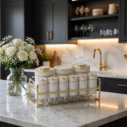 Luxury White & Gold Spice Container Set with Stand - 9 Piece