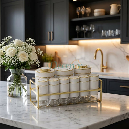 Luxury White & Gold Spice Container Set with Stand - 9 Piece