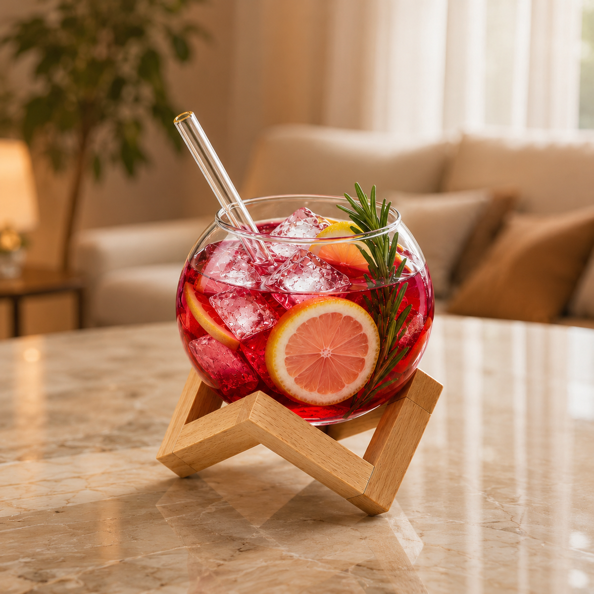 400ml Round Glass Cup with Wooden Stand & Straw