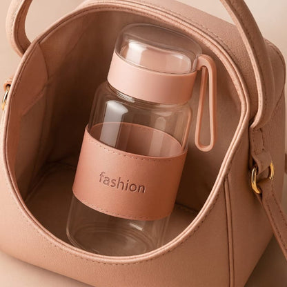 Aesthetic Glass Water Bottle with Leather Sleeve & Handle