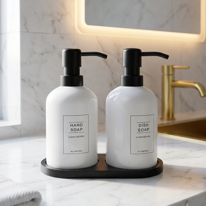 Modern White Ceramic Soap Dispenser Set with Tray (2 Pack)