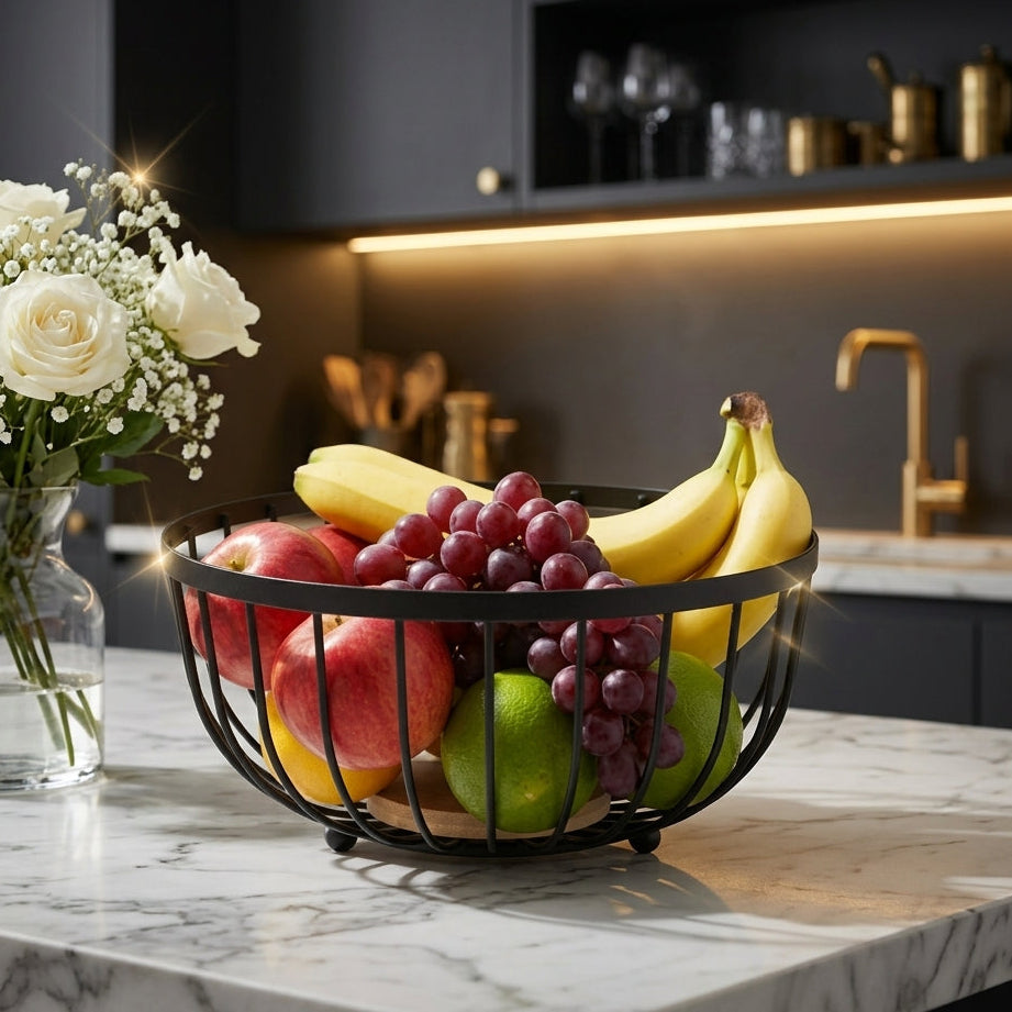 Modern Black Wire Fruit Basket for Kitchen Countertop & Dining Table