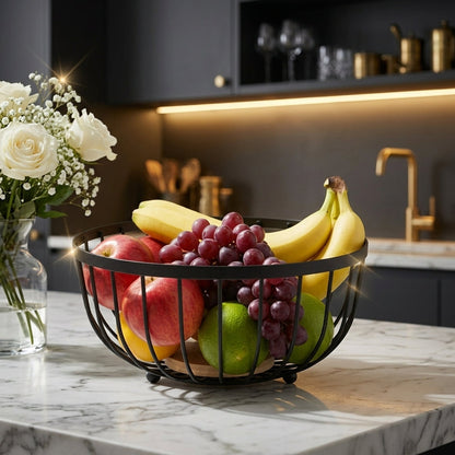 Modern Black Wire Fruit Basket for Kitchen Countertop & Dining Table