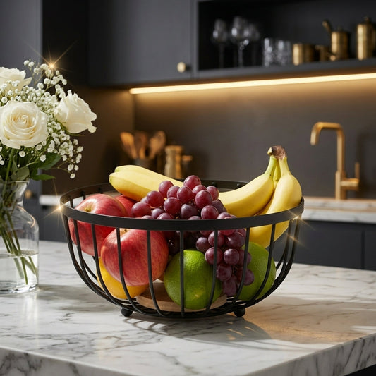 Modern Black Wire Fruit Basket for Kitchen Countertop & Dining Table