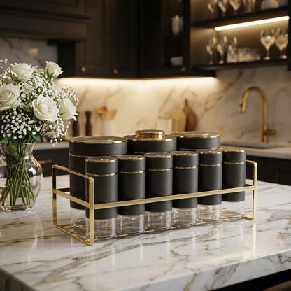 Luxury Black & Gold Kitchen Spice Jar Rack Set - 9 Piece