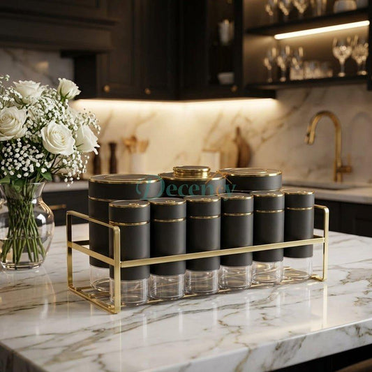 Luxury Black & Gold Kitchen Spice Jar Rack Set - 9 Piece