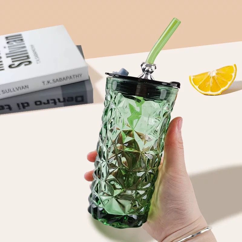 Luxury Bear Glass Tumbler with Lid & Straw - Vintage Coffee Cup