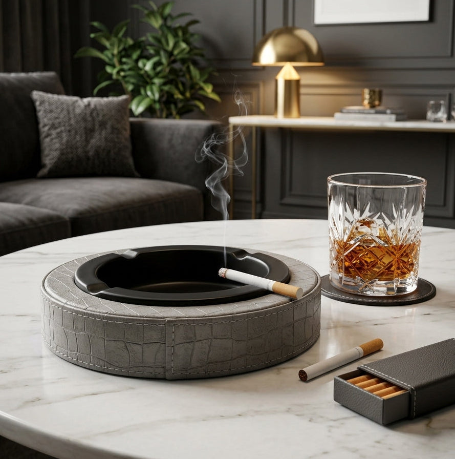 Luxury Leather & Stainless Steel Cigar Ashtray for Home and Office