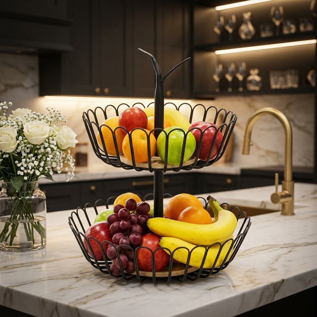 2-Tier Black Wire Fruit Basket Stand with Wooden Base