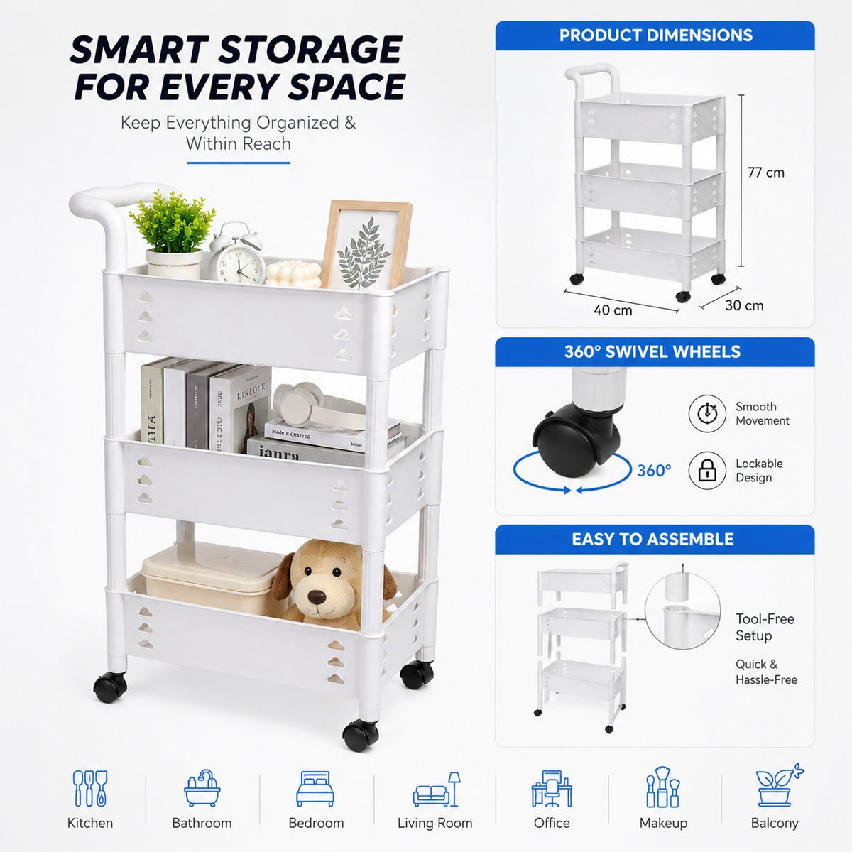 3 , 4 Tier Rolling Storage Cart with Wheels & Handle White