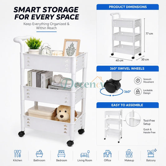 3 , 4 Tier Rolling Storage Cart with Wheels & Handle White