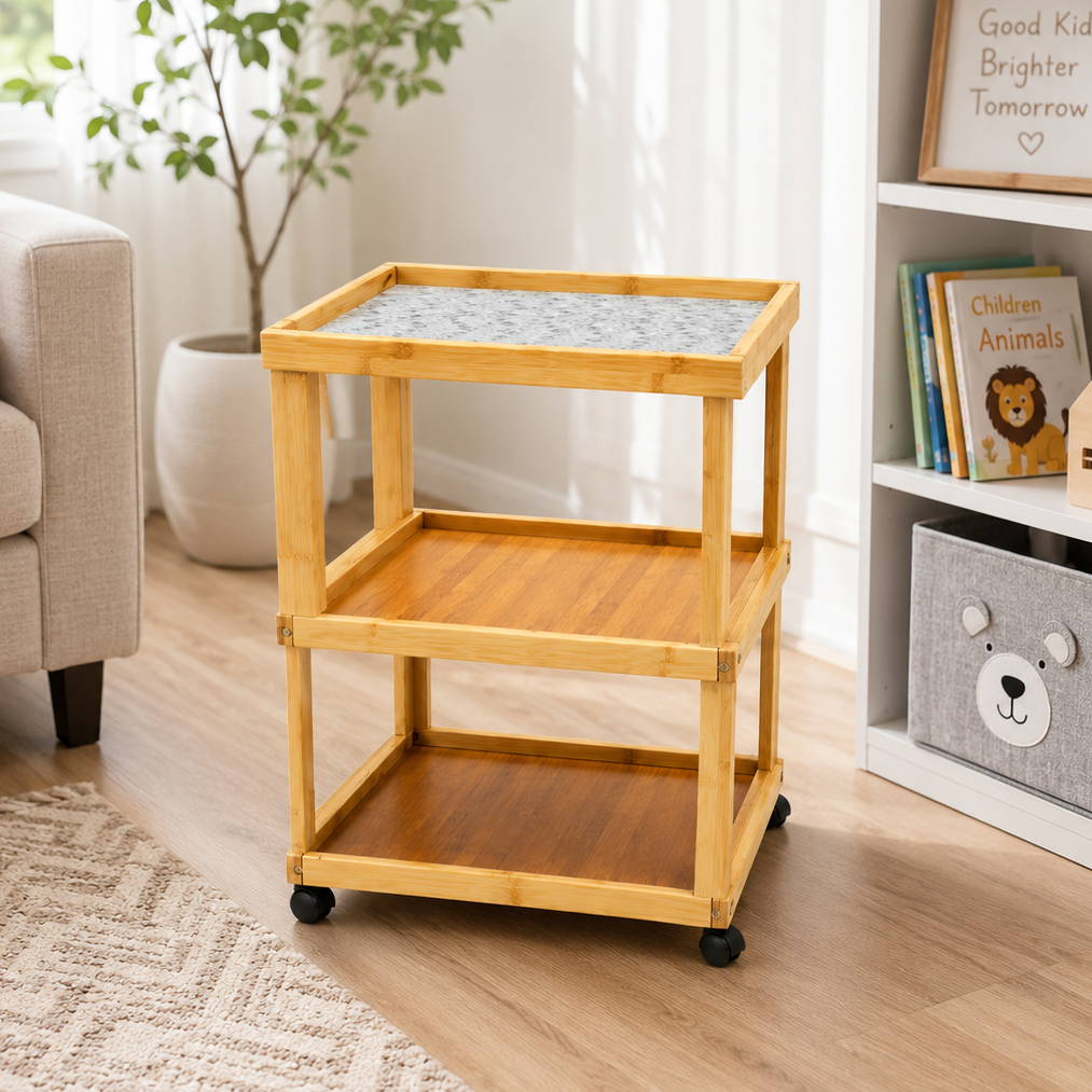 3-Tier Bamboo Rolling Side Table with Glass Top & Wheels