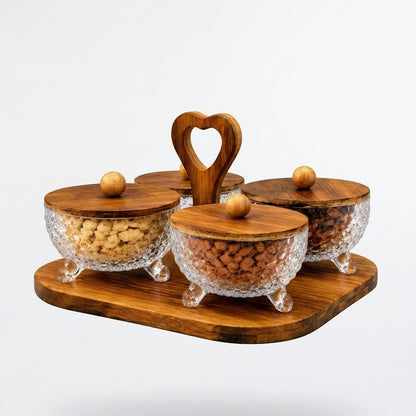 4 Pcs Luxury Crystal Dry Fruit Serving Bowl Set with Wooden Tray