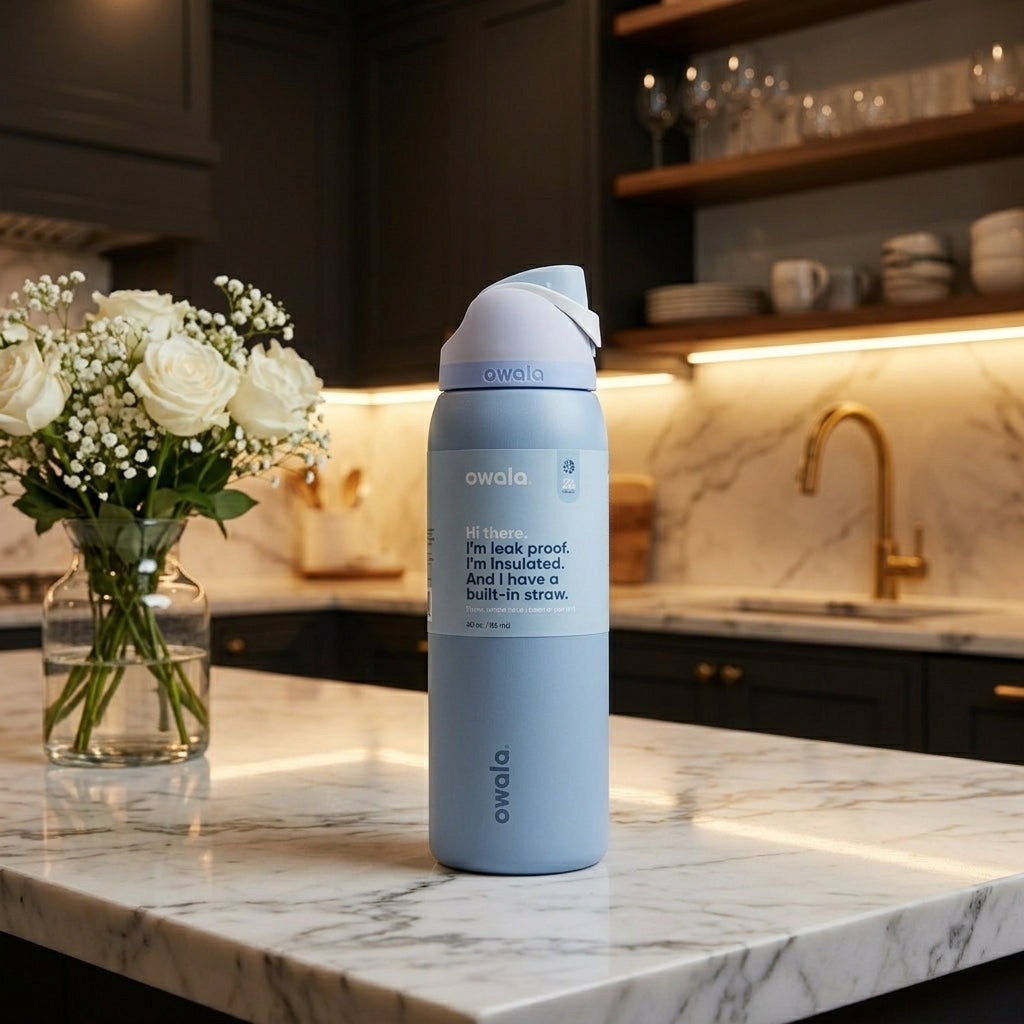 Owala FreeSip 32 oz Insulated Water Bottle - Serene Blue Sky Design