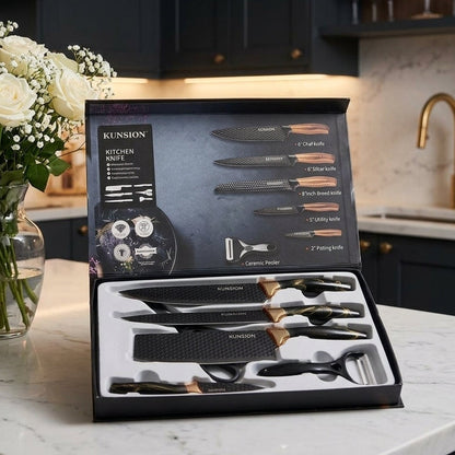 Kunsion 6-Piece Stainless Steel Knife Set with Ergonomic Black Handle