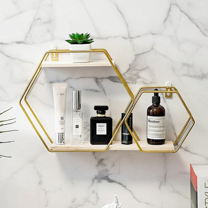 Golden Hexagon Floating Wall Shelf - 2 Tier Metal Storage Rack