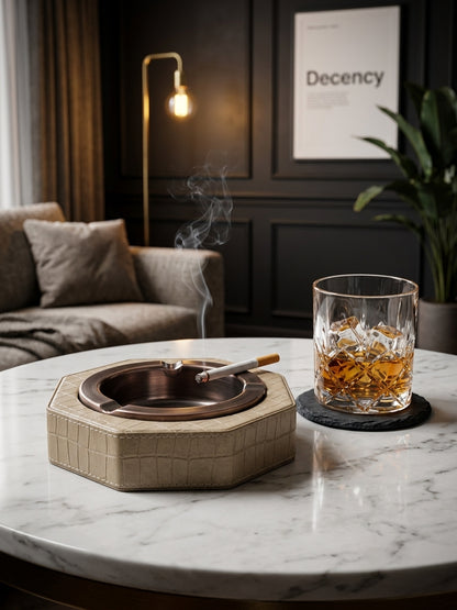 Luxury Leather & Stainless Steel Cigar Ashtray for Home and Office