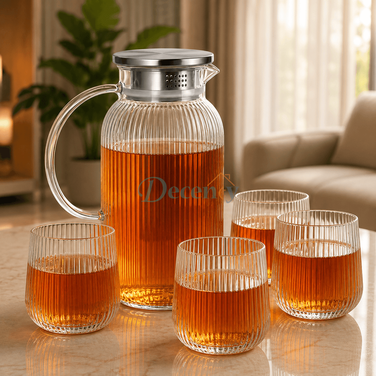 Danny Home 5Pcs Ribbed Glass Teapot Set with Stainless Steel Lid