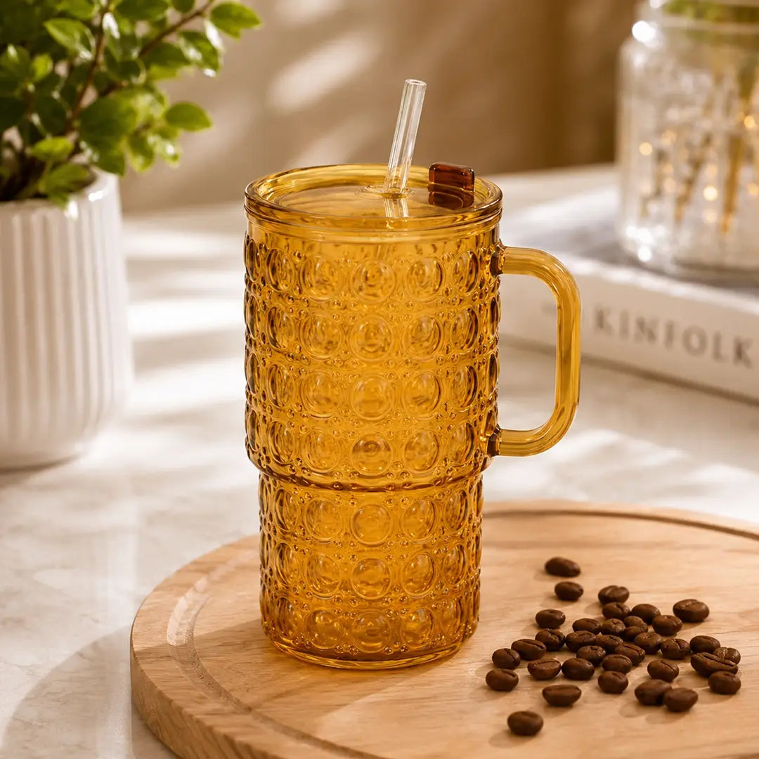 500ml Glass Tumbler with Handle and Straw | Bubble Iced Coffee Cup