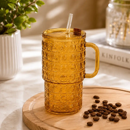 500ml Glass Tumbler with Handle and Straw | Bubble Iced Coffee Cup