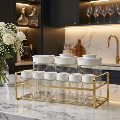 9 Piece Glass Spice Jar Set with Gold Rack & White Airtight Lids with gold Rim