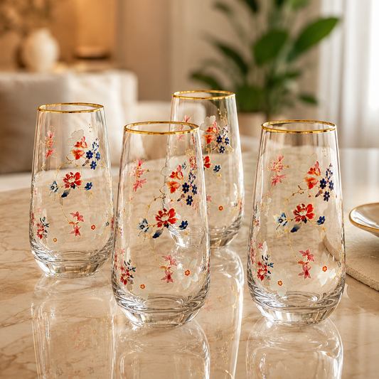 Danny Home 4 Pcs Floral Glass Set 560ml – Gold Rim Drinking Glasses
