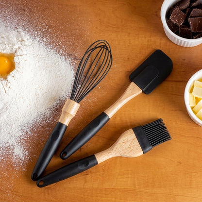 Silicone Kitchen Utensil Set with Wooden Handle - 3 Pcs