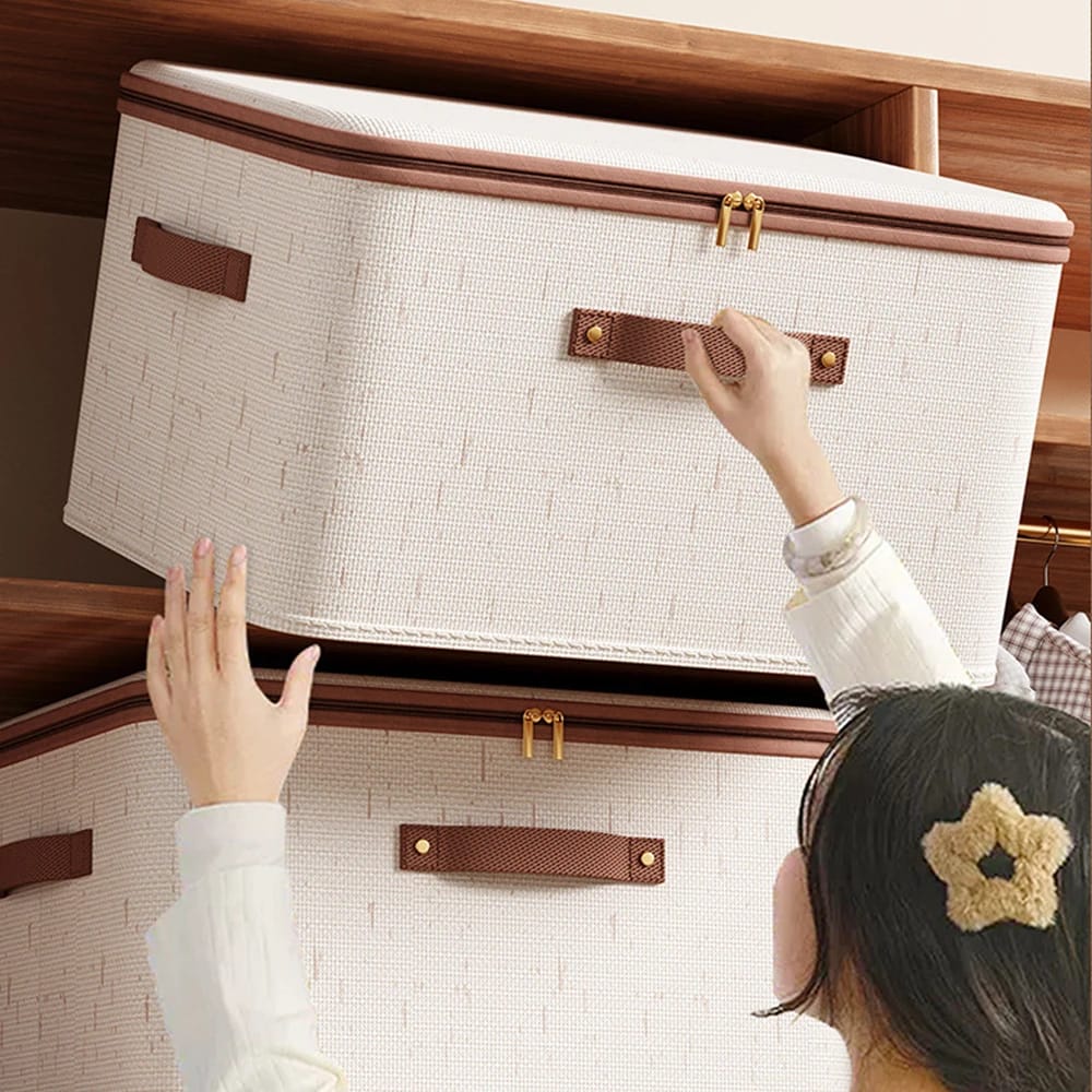 Foldable Fabric Clothes Storage Box Bag with Zipper & Handles