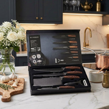 KUNSION 6-Piece Stainless Steel Kitchen Knife Set with Wooden Handles