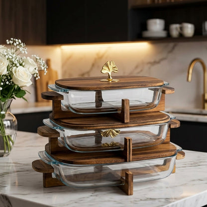 Rectangular Glass Dishes with Walnut Wood Stand for Dining